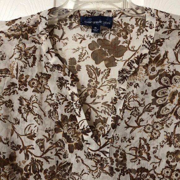 Susan Graver Blouse for Women Size XL Cream with Brown Floral and Gold Shimmer - Picture 4 of 9